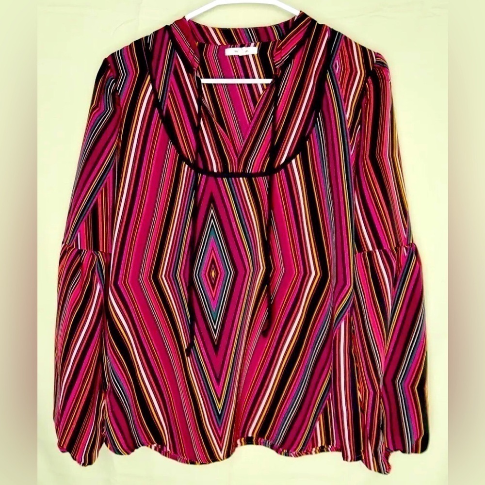 Maurices Geometric Stripe Tunic Top Tie Neck Long Sleeve Oversized